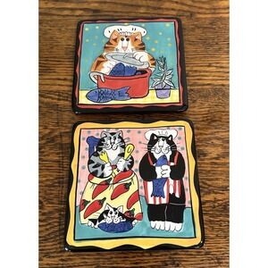 2 Catzilla Trivet Tile‎ 2002 Candace Reiter 6 inch Square Cat Chefs